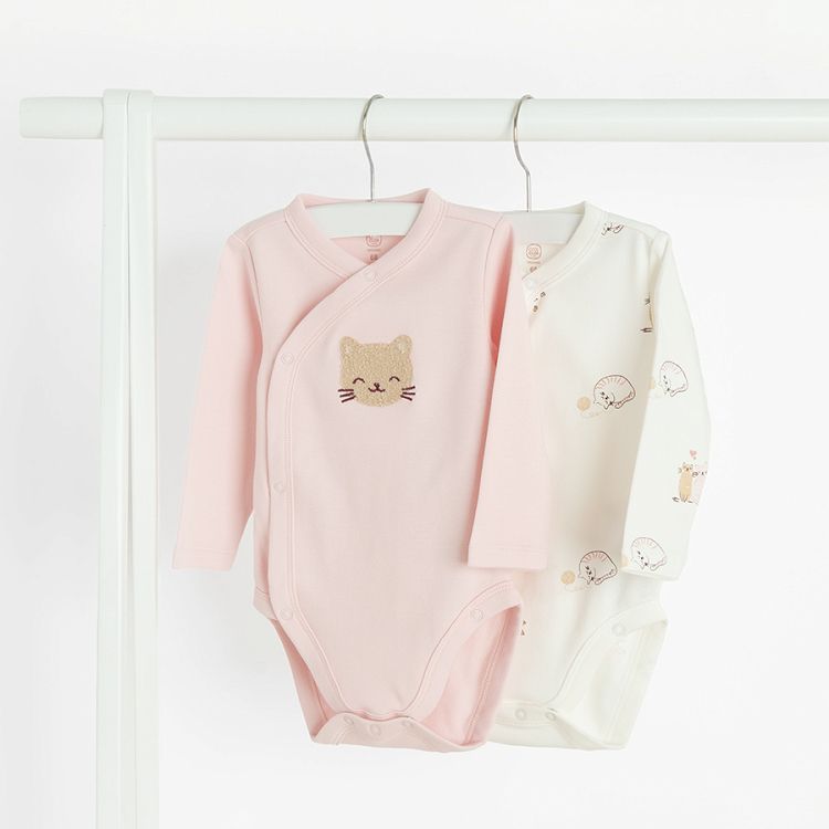 White and pink long sleeve bodysuits with kitten print- 2 pack