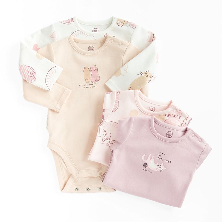 Pastel long sleeve bodysuits with kittens print- 4 pack