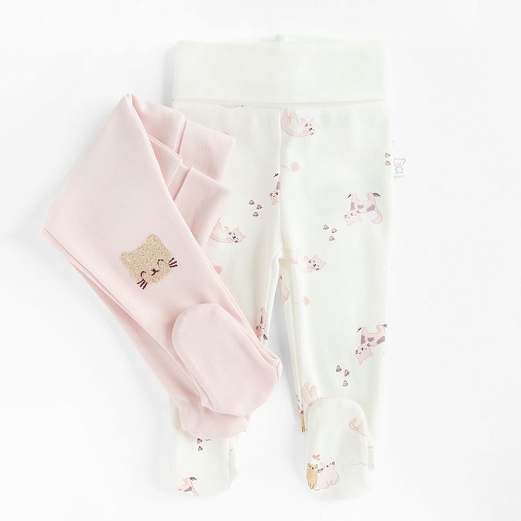 White and pink footed leggings with kitten print- 2 pack