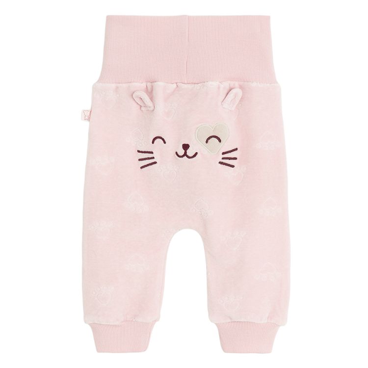 Pink footless leggings with elastic waist and kitten and footprints print