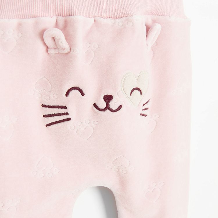 Pink footless leggings with elastic waist and kitten and footprints print