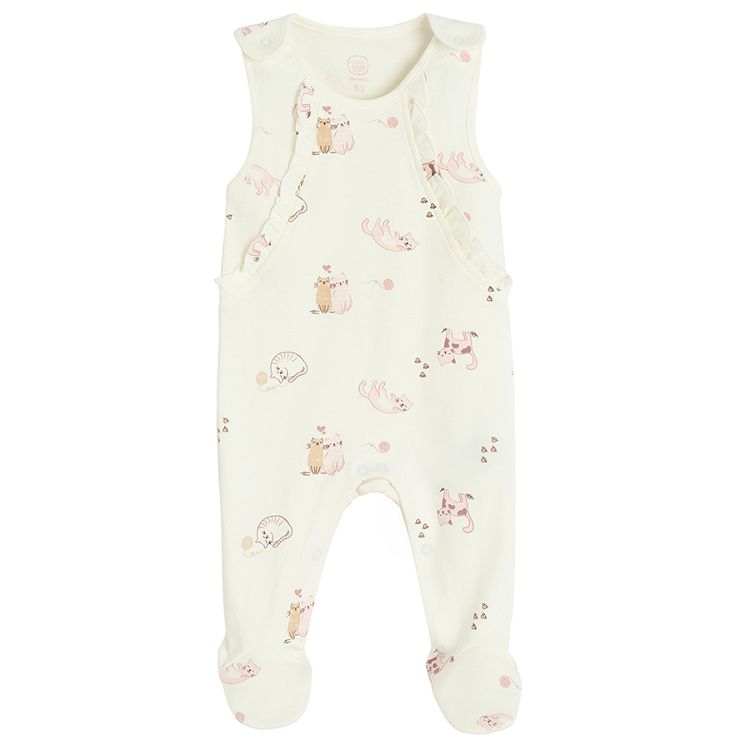 Ecru long sleeve bodysuit and footed overall with kittens print- 2 pieces