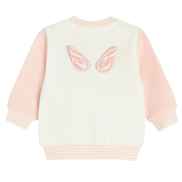 White and pink buttons sweatshirt with B print on the chest and angels wings on the back