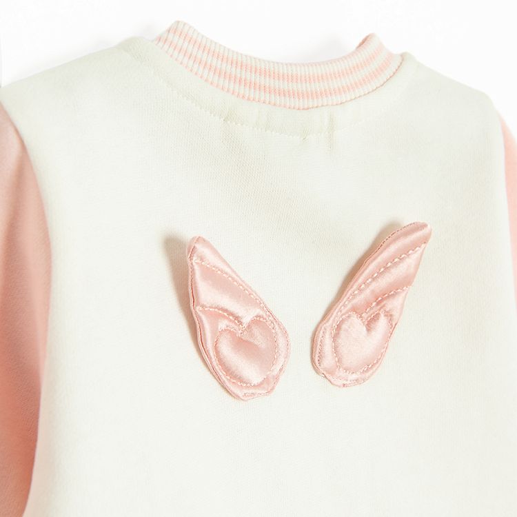 White and pink buttons sweatshirt with B print on the chest and angels wings on the back