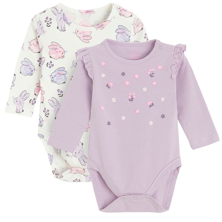 White with bunnies print and purple with flowers applique long sleeve bodysuits- 2 pack