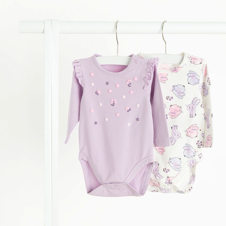 White with bunnies print and purple with flowers applique long sleeve bodysuits- 2 pack