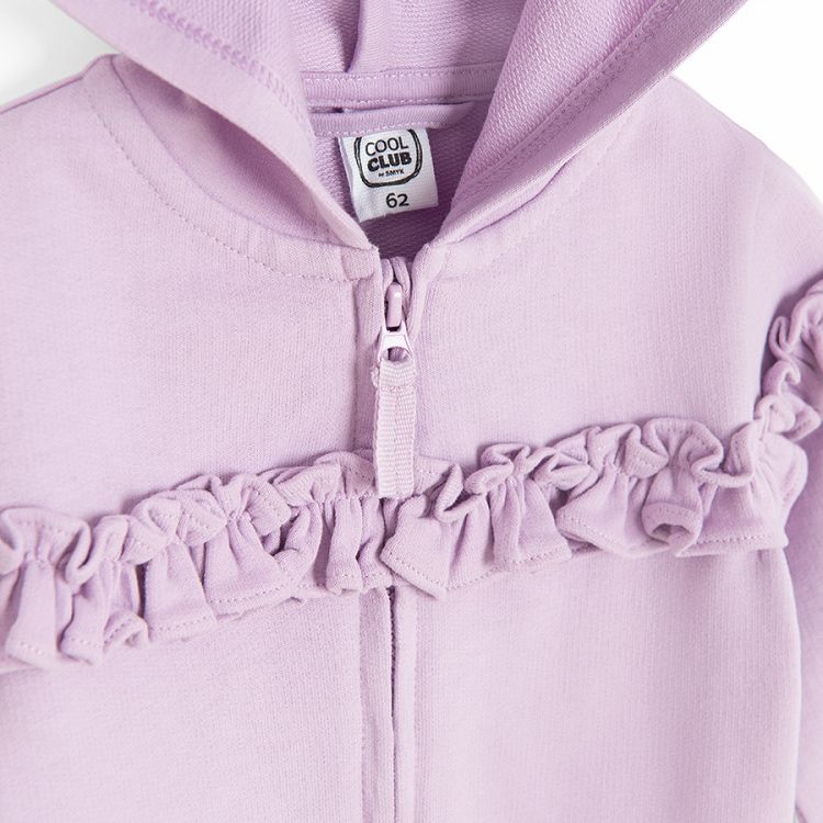 Purple zip through hooded sweatshirt with ruffle