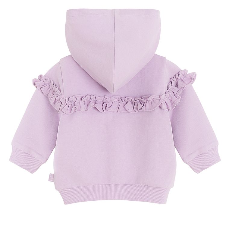 Purple zip through hooded sweatshirt with ruffle