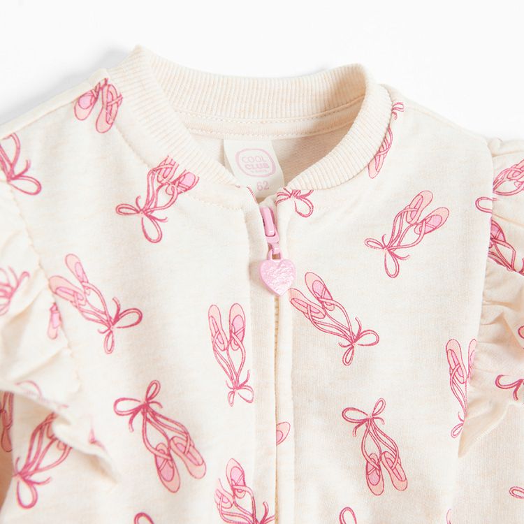 Ecru zip through sweatshirt with ballet shoes print