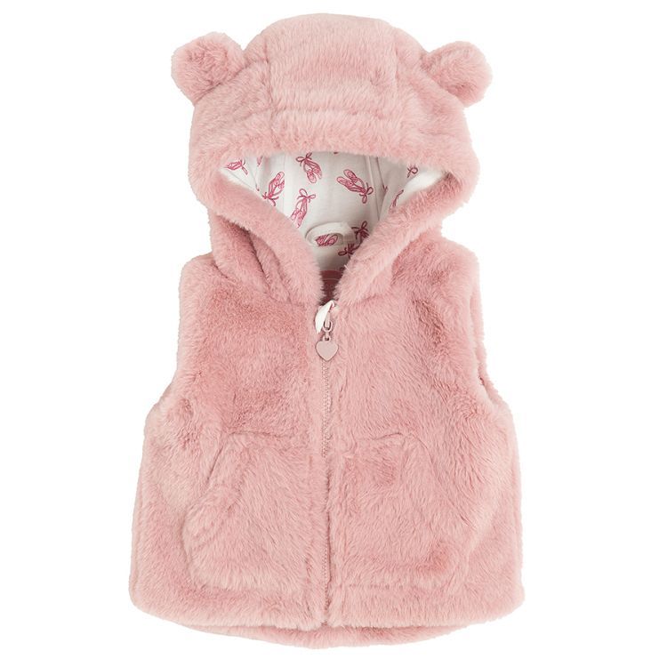 Pink faux fur hooded vest with ears