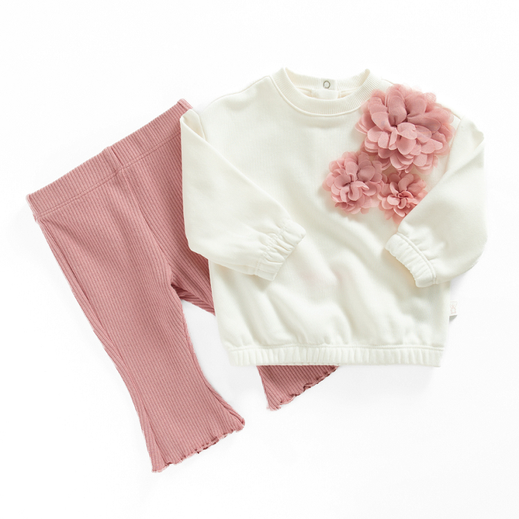 White long sleeve blouse with flower on the shoulder and pink wide leg leggings set - 2 pieces