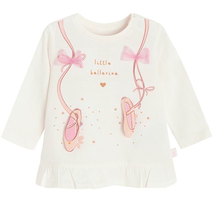 White long sleeve blouse with ballerina shoes print and pink leggings set - 2 pieces