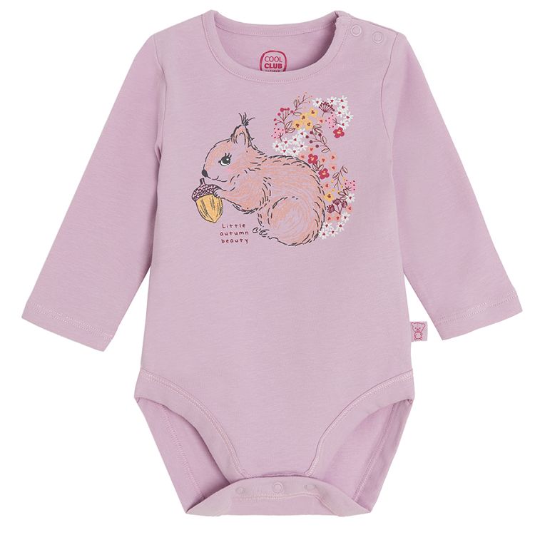 Violet long sleeve bodysuit with squirrel print