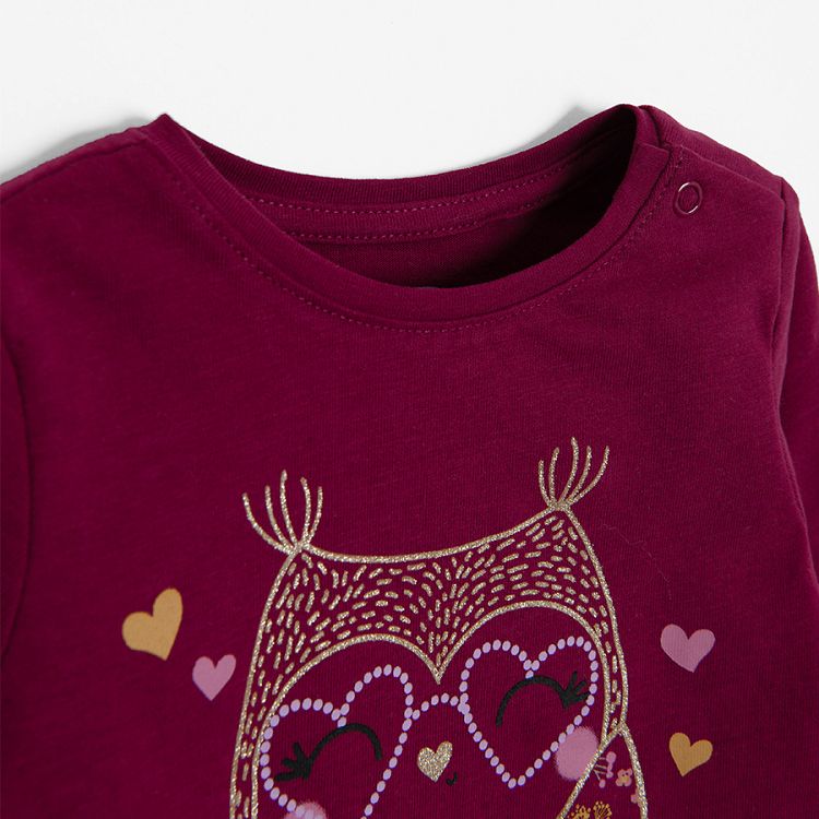 Burgundy blouse with owl print