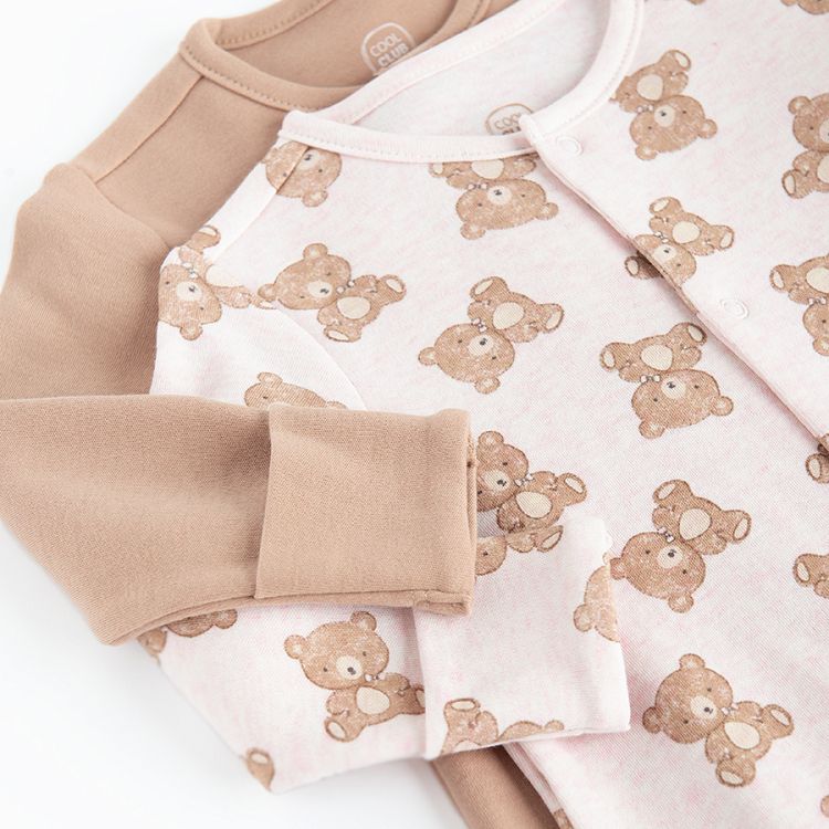 Pink with bears print and brown footed overalls with side buttons- 2 pack