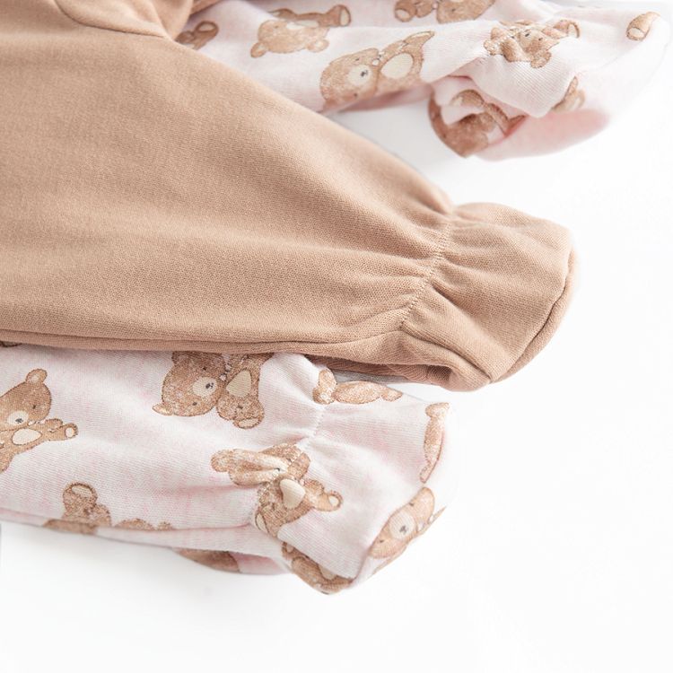 Pink with bears print and brown footed overalls with side buttons- 2 pack