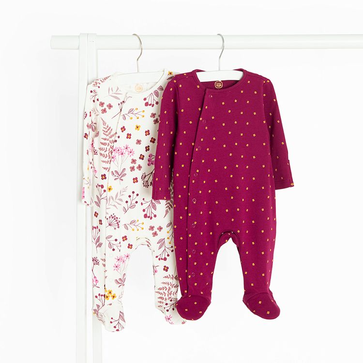 Floral and polka dot burgundy footed overalls with side buttons- 2 pack