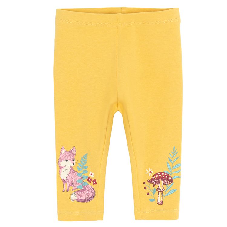 Fucshia and yellow with fox and mushroom print leggings- 2pack