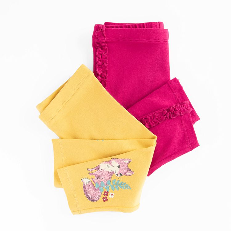 Fucshia and yellow with fox and mushroom print leggings- 2pack