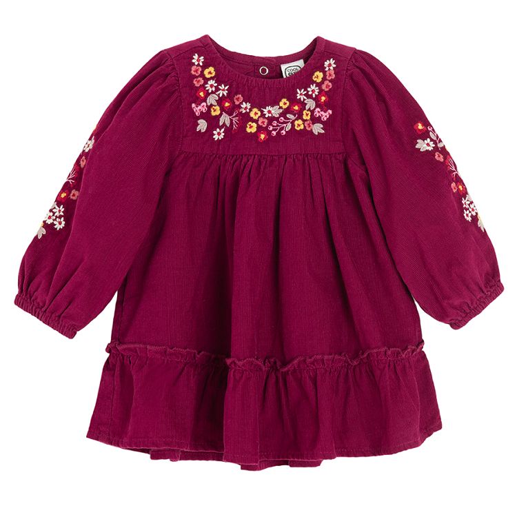 Burgundy long sleeve dress with neck and sleeves embroidery