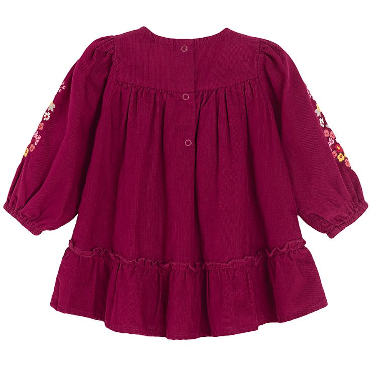 Burgundy long sleeve dress with neck and sleeves embroidery