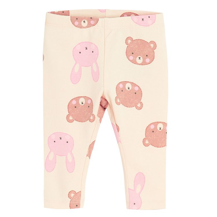 Ecru leggings with bear print and warm pink leggings- 2 pack