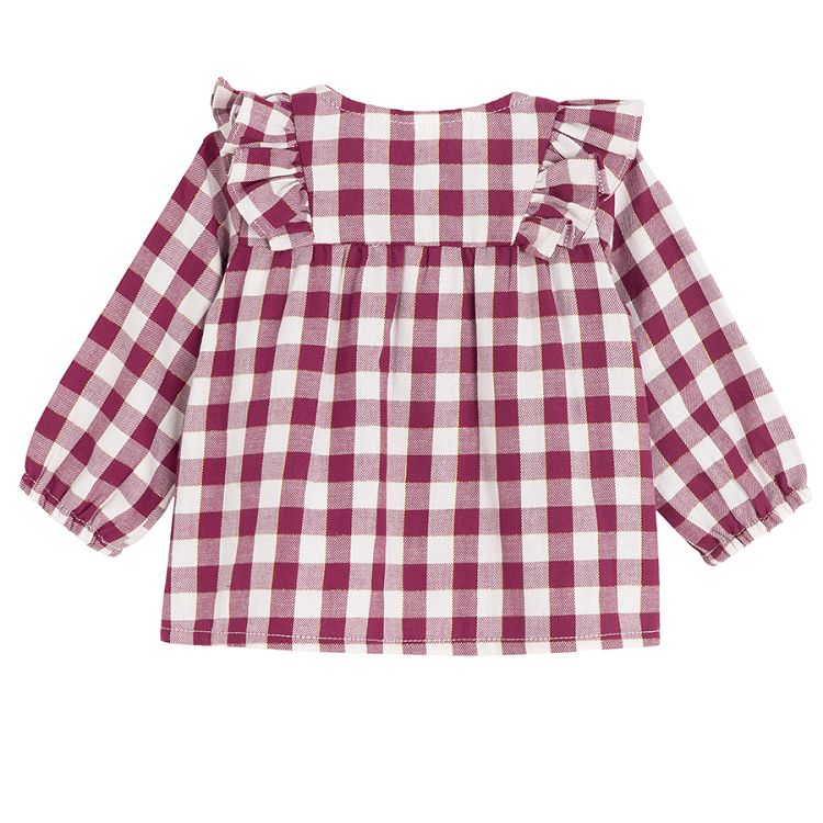 White and red checked blouse with ruffle on the top