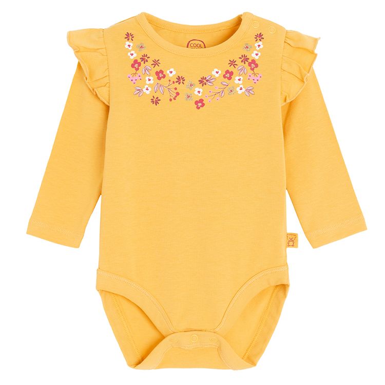 Floral and yellow with flowers around the neckline bodysuits- 2 pack