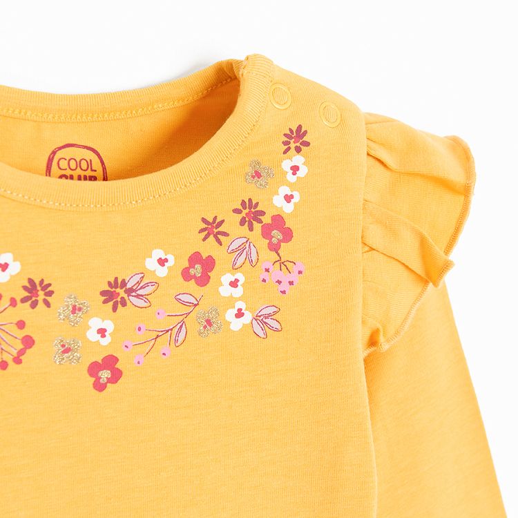 Floral and yellow with flowers around the neckline bodysuits- 2 pack