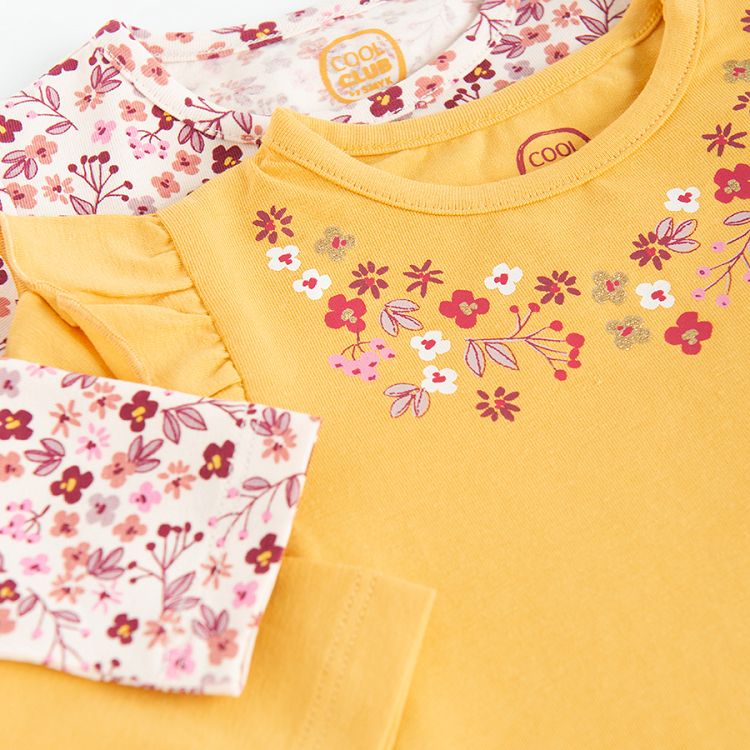 Floral and yellow with flowers around the neckline bodysuits- 2 pack