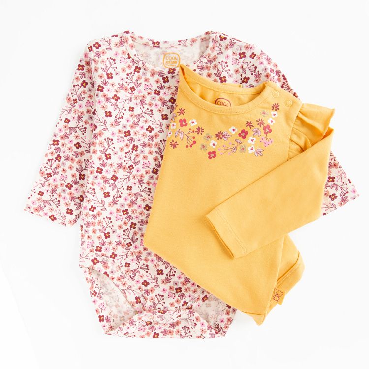 Floral and yellow with flowers around the neckline bodysuits- 2 pack