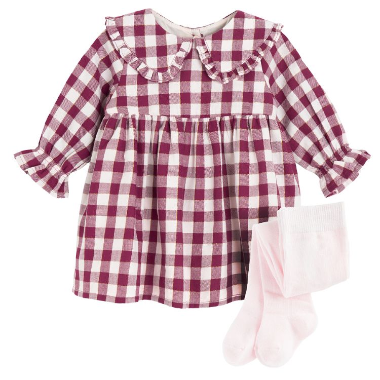 White and red checked long sleeve dress and pink leggings set- 2 pieces