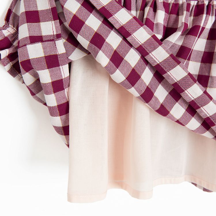 White and red checked long sleeve dress and pink leggings set- 2 pieces