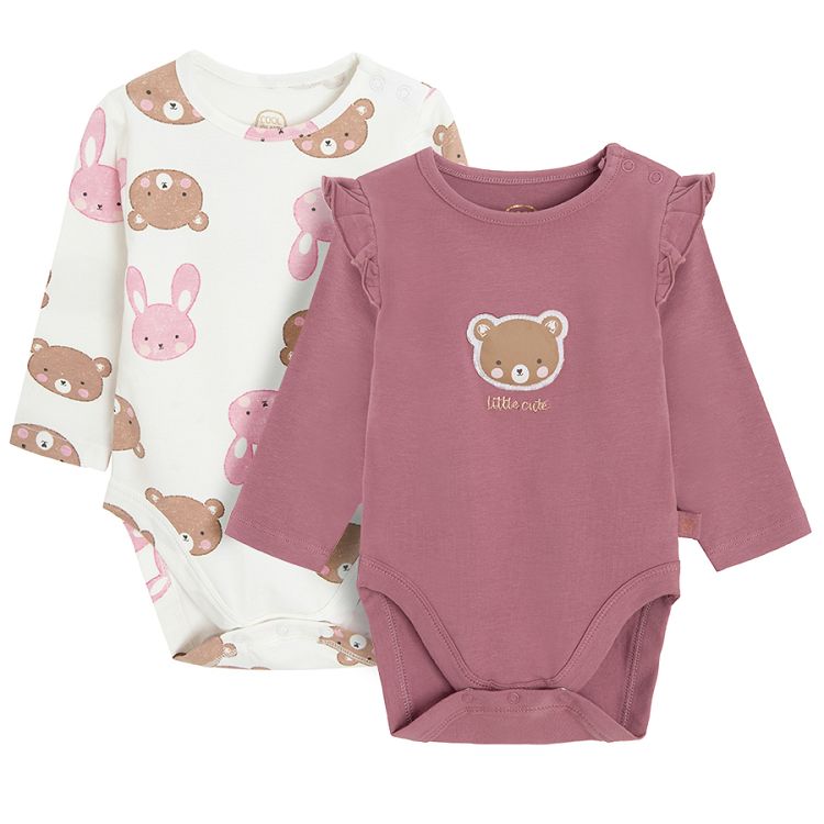 Warm pink and ecru with bears print long sleeve bodysuits - 2 pack