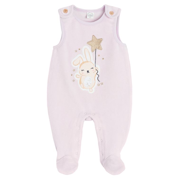 White long sleeve bodysuit with footed overall and bunny print and all weather beanie- 3 pieces