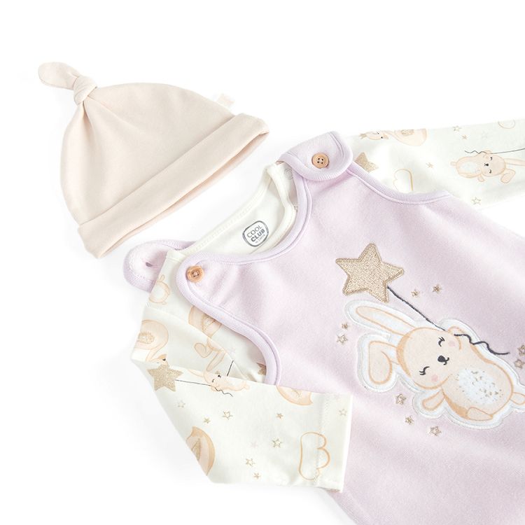 White long sleeve bodysuit with footed overall and bunny print and all weather beanie- 3 pieces