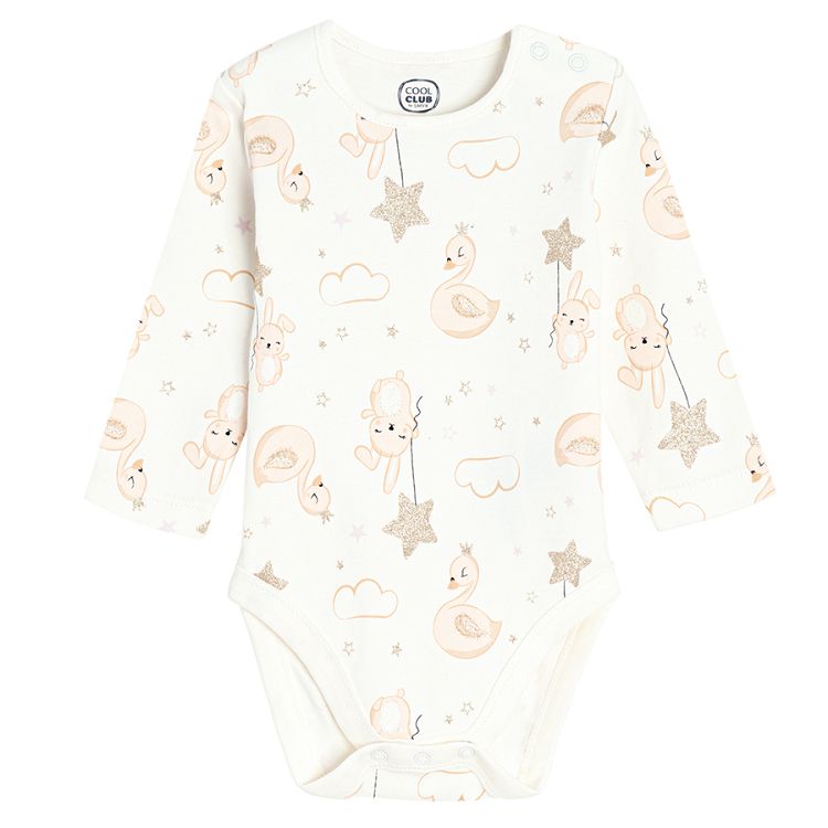 White long sleeve bodysuit with footed overall and bunny print and all weather beanie- 3 pieces