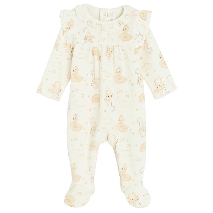 Ecru footed overall with small animals print