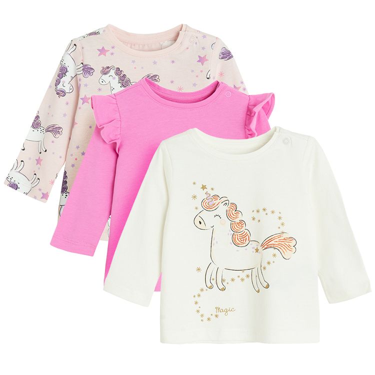 White, pink and purple blouses with unicorn prints- 3 pack