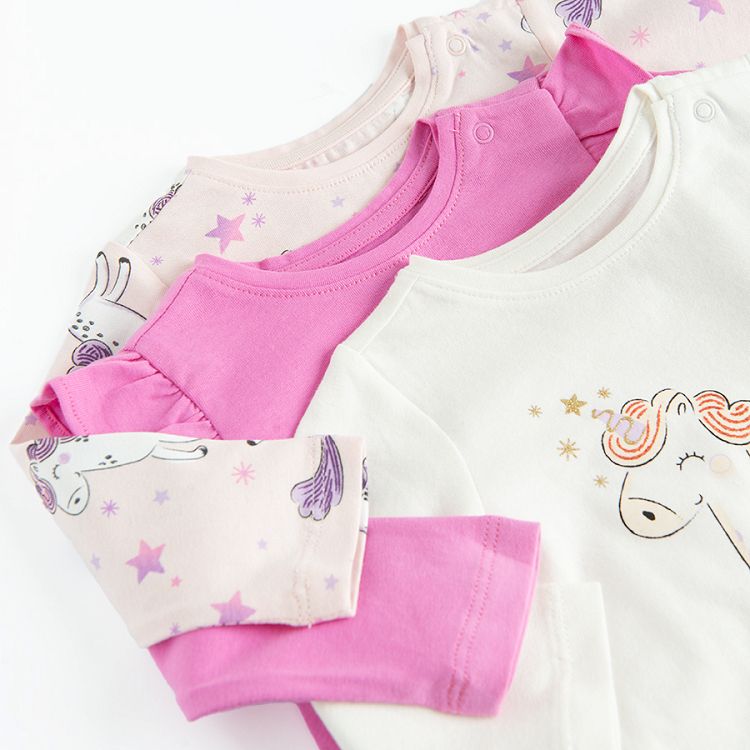 White, pink and purple blouses with unicorn prints- 3 pack