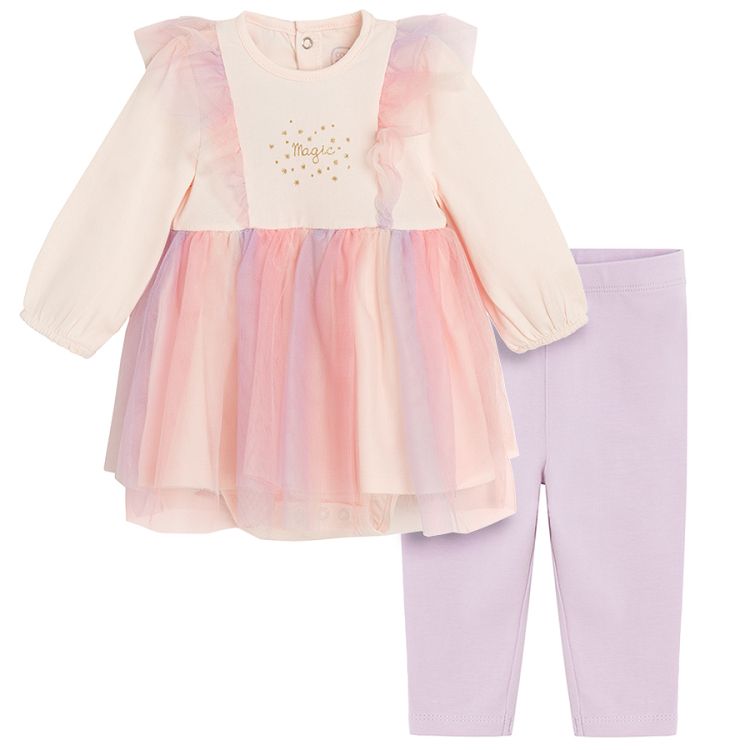 Pink long sleeve dress bodysuit with unicorn print and violet leggings set