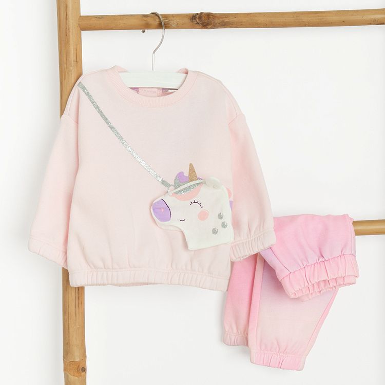 Pink sweatshirt with unicorn cross belt and colorful leggings set