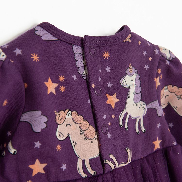 Purple classic tull long dress with unicorn print