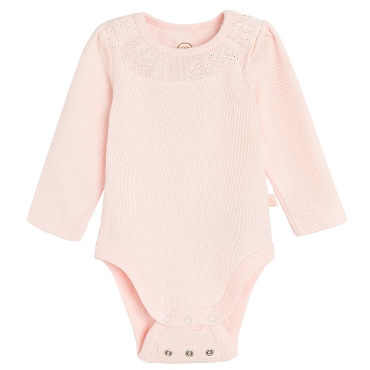 Pink long sleeve bodysuit with ruffle collar