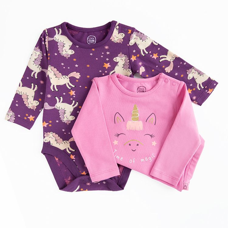 Purple and violet long sleeve bodysuit with unicorn print- 2 pack