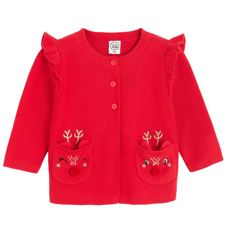 Red cardigan with raindeer print on pockets