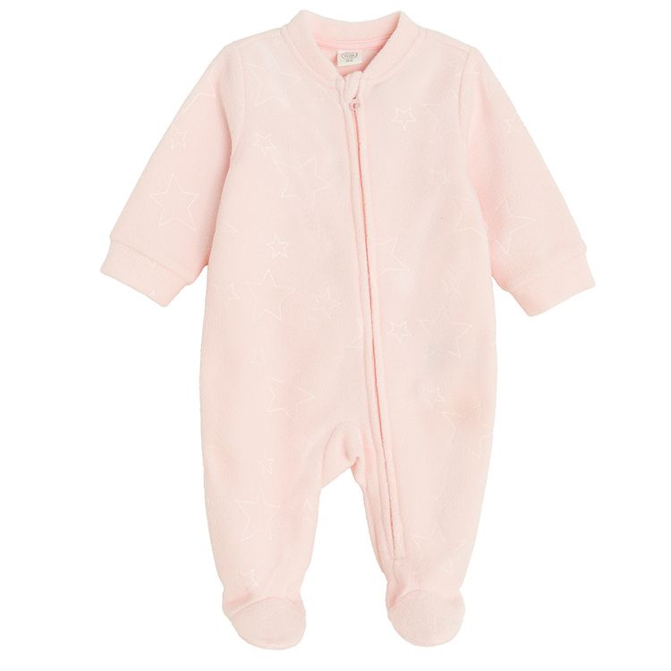 Pink long sleeve footed overall with stars print