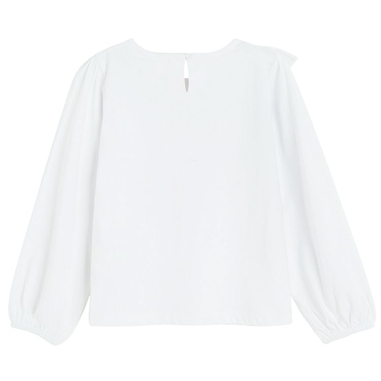 White long sleeve blouse with ruffle