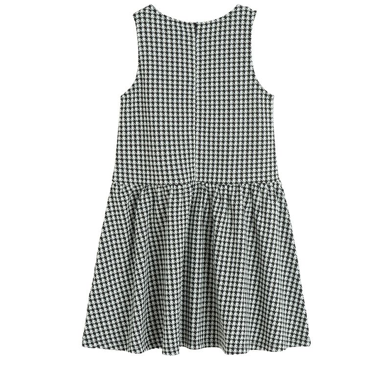 Checked black and white dress with short sleeve white blouse set- 2 pieces