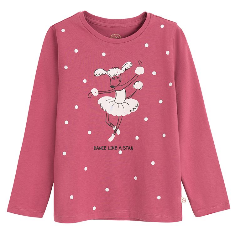 Burgundy long sleeve blouse with dog as ballerina print